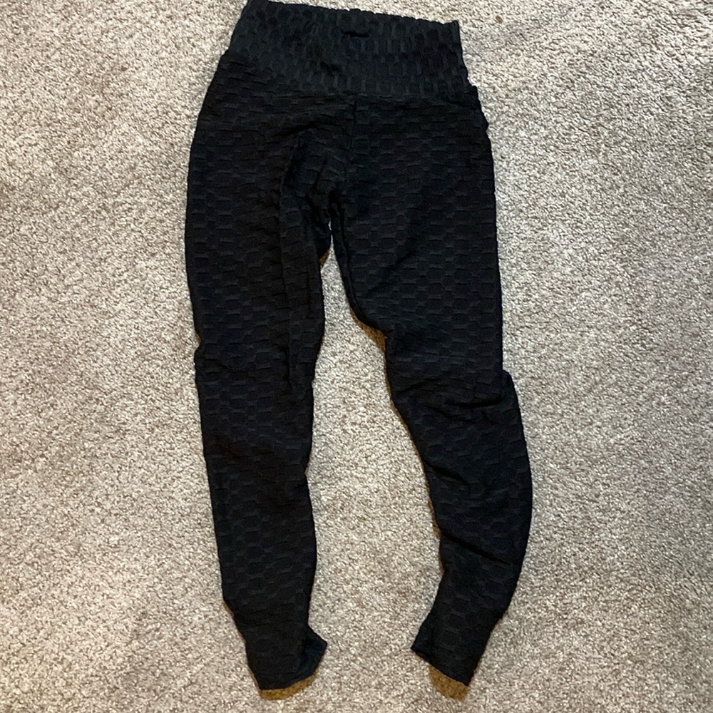 Stretch fitted workout yoga pants wide waistband elastic cinched back S blk new